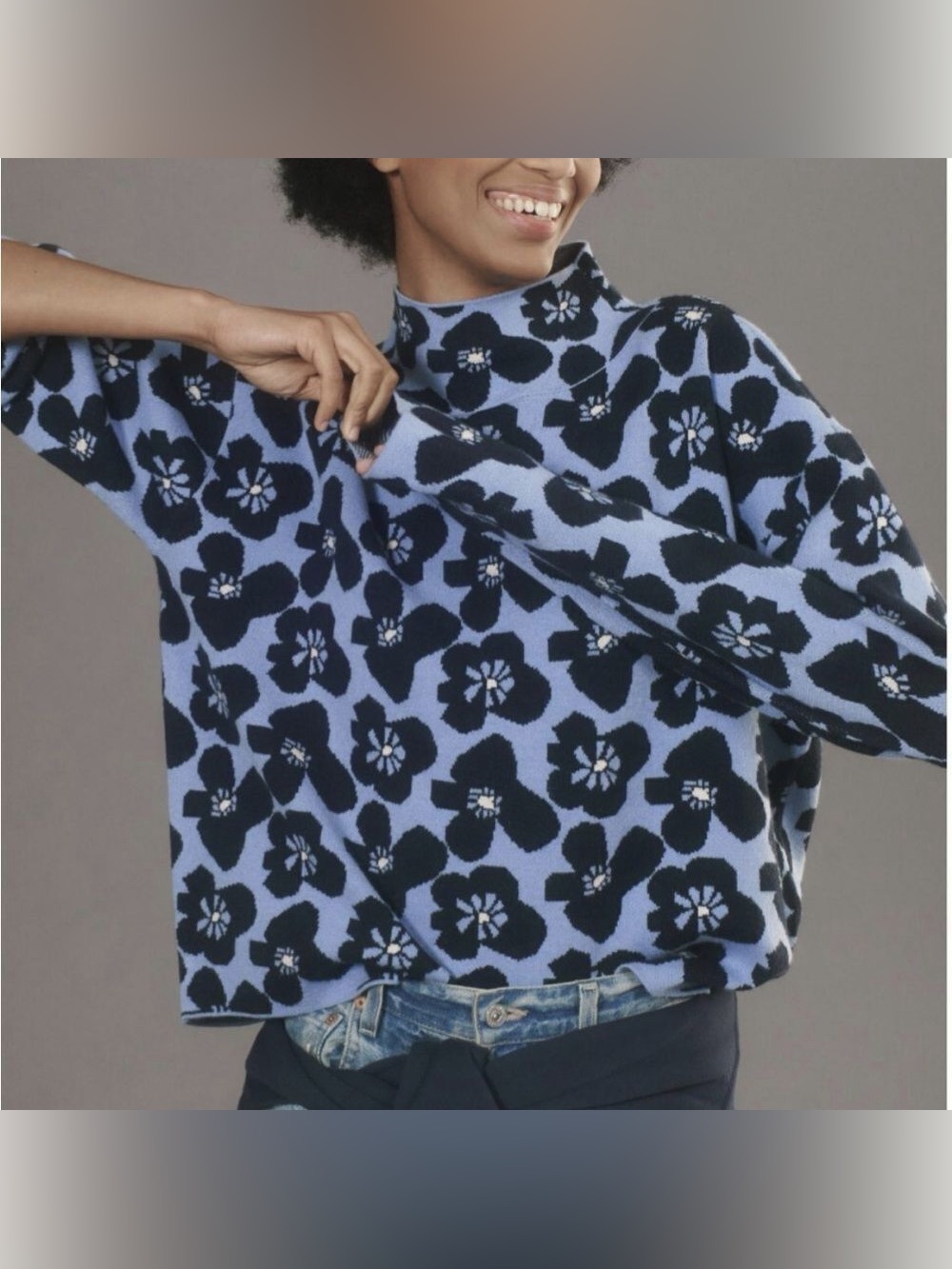 Maeve Anthropologie Carys Mock Neck Floral Sweater Blue Navy XS